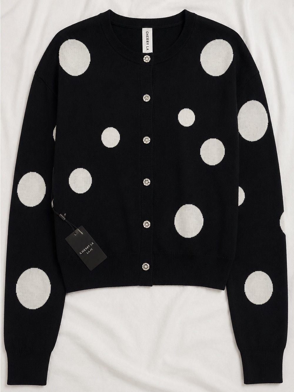 Everly Black Cardigan with White Polka Dots and Pearl Buttons